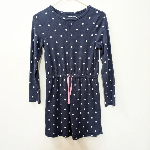 Lands End Long Sleeve Polka Dot Blue White Dress, Girls Medium (10-12) - Picture 1 of 8